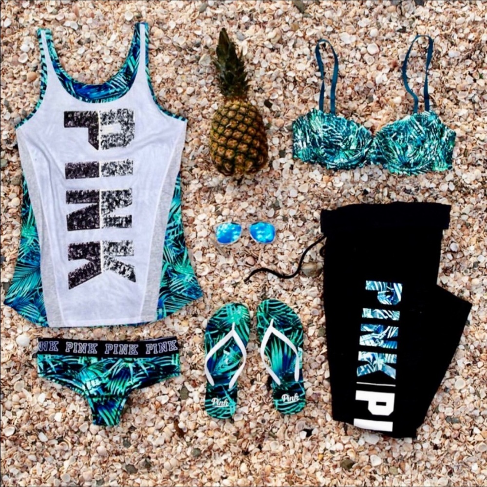 PINK VS sequins logo tropical print top